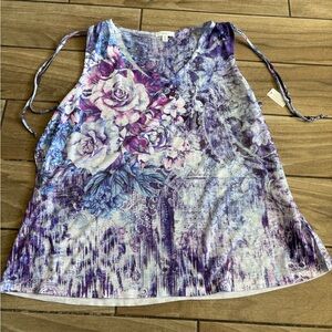 Floral V-Neck Tank Top - Purple and White